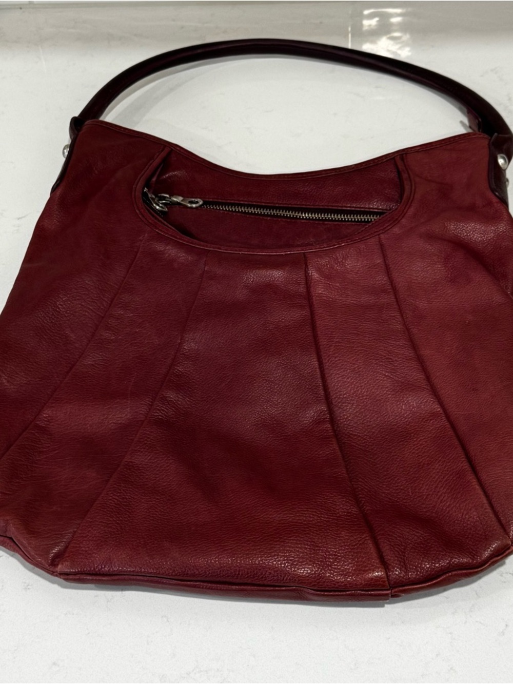Christopher Kon Maroon Leather Hobo Bag - Pleated Slouchy Shoulder Purse - Picture 2 of 15